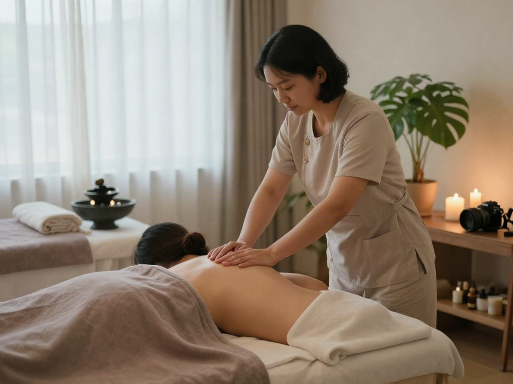 Tranquil 구로출장안마 therapy session in soothing spa environment with candles and calming ambience.