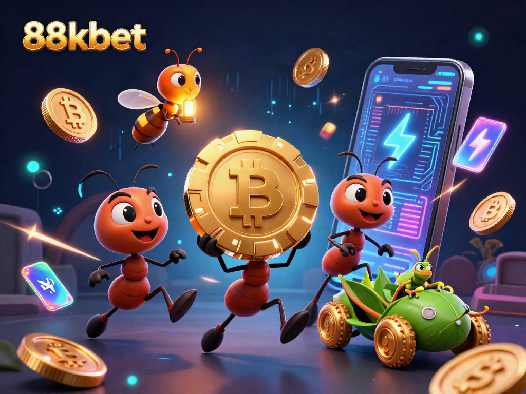 Engage with 88kbet's thrilling heist theme as ants carry a giant poker chip in a vibrant casino world