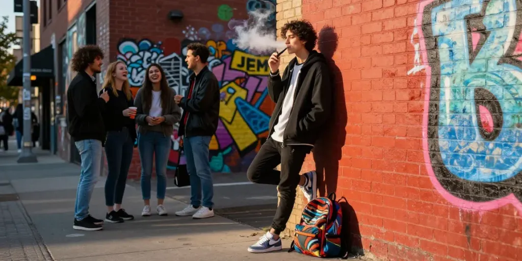 Scene orang merokok vape di kota dengan graffiti keren dan suasana street style, https://rokok88jaya.com.