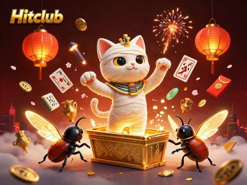 Hitclub shows a mummy cat and scarab beetle amidst a vibrant casino scene filled with dynamic gambling elements.