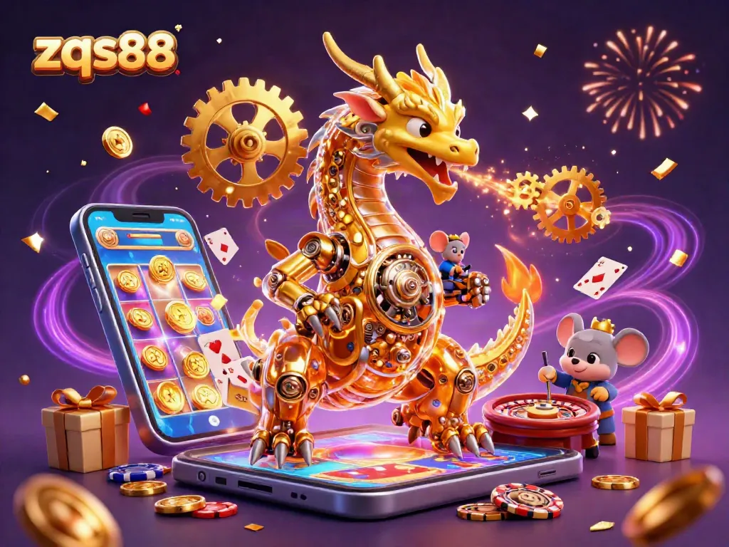 Experience the thrilling action of zqs88's online casino, featuring a biomechanical dragon and exciting game elements.