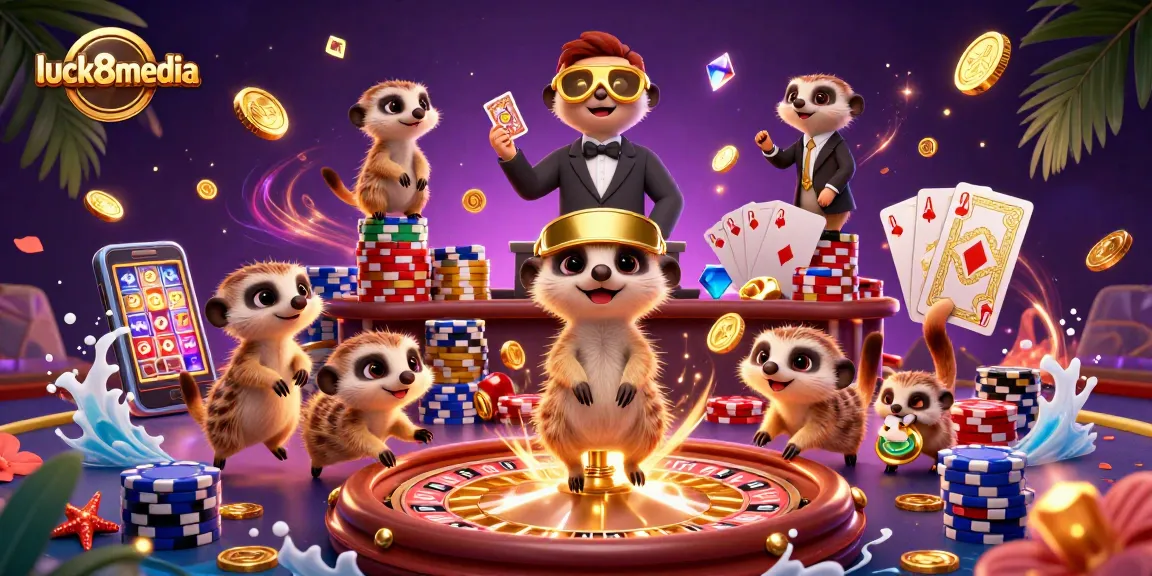 Experience excitement with luck8media's illustrated casino scene featuring engaging meerkat characters.
