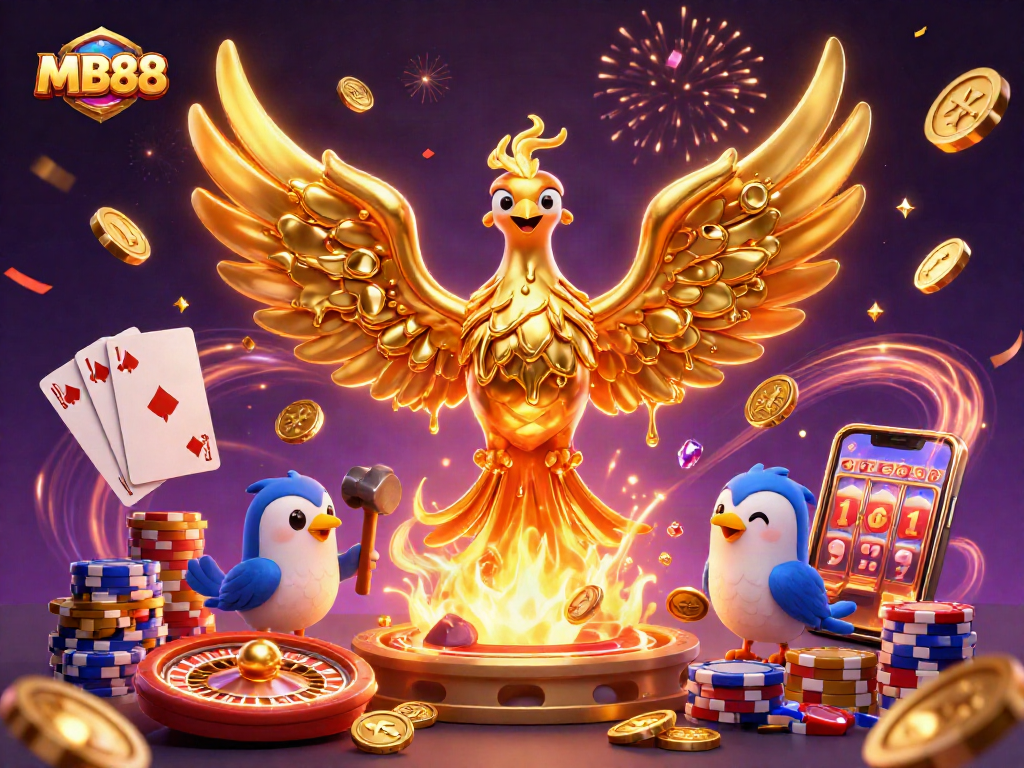 Engage in thrilling bets with MB88’s enchanting gaming scene featuring a golden phoenix and casino elements.