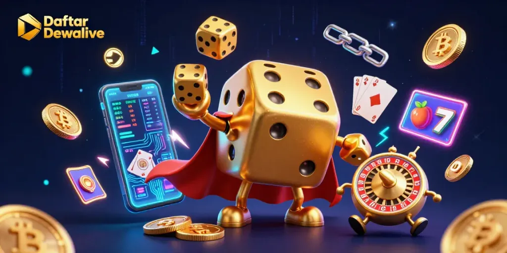 Experience thrilling gameplay at Daftar Dewalive with golden dice, slot reels, and crypto elements.
