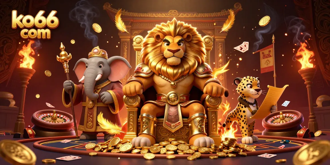 Experience thrilling gaming adventures at ko66 com with a vibrant casino scene featuring a lion king, elephant advisor, and cheetah messenger.