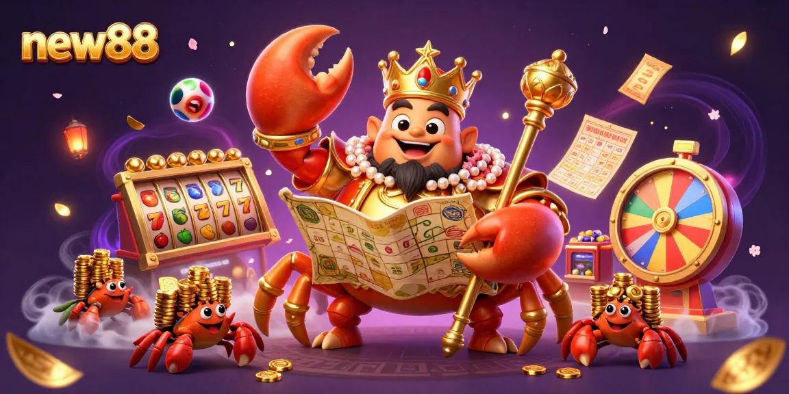 Experience new88's delightful gaming scene with vibrant elements and a golden crab emperor.