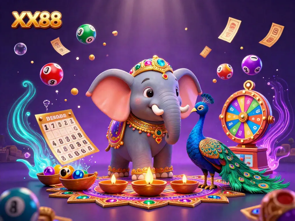 Engage with the vibrant world of XX88 as the Diwali-themed elephant and peacock celebrate a dynamic gambling experience.