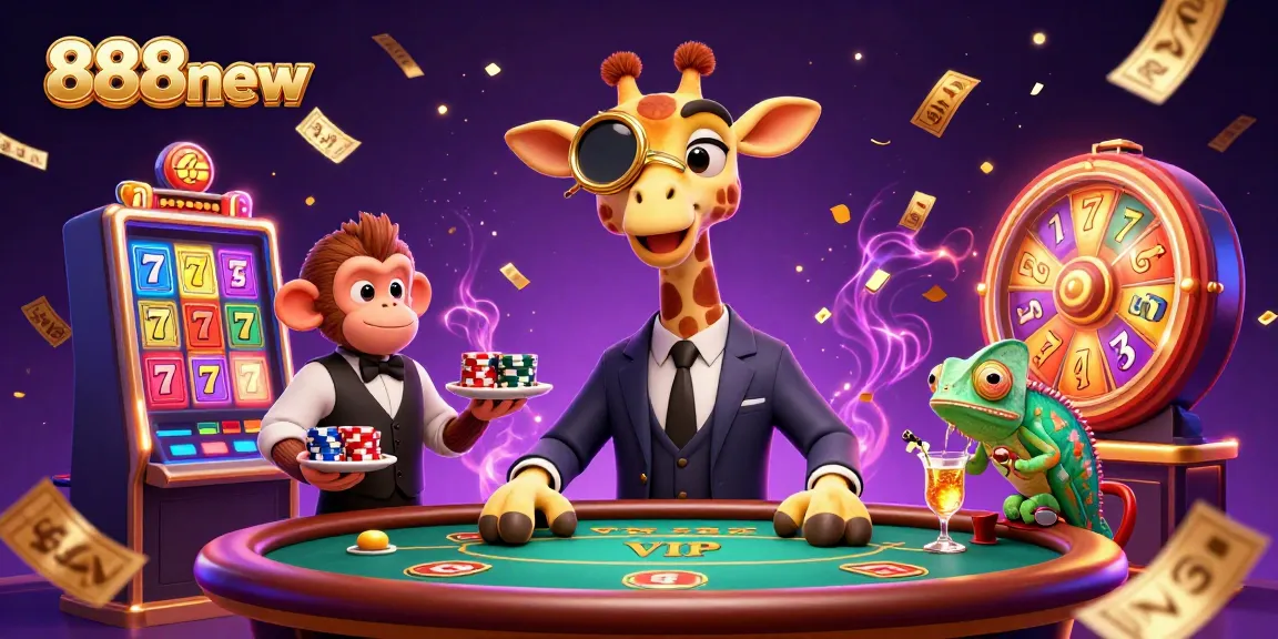 Join the excitement at 888new, where high-rolling giraffes play poker amidst vibrant jackpot reels and golden tickets.