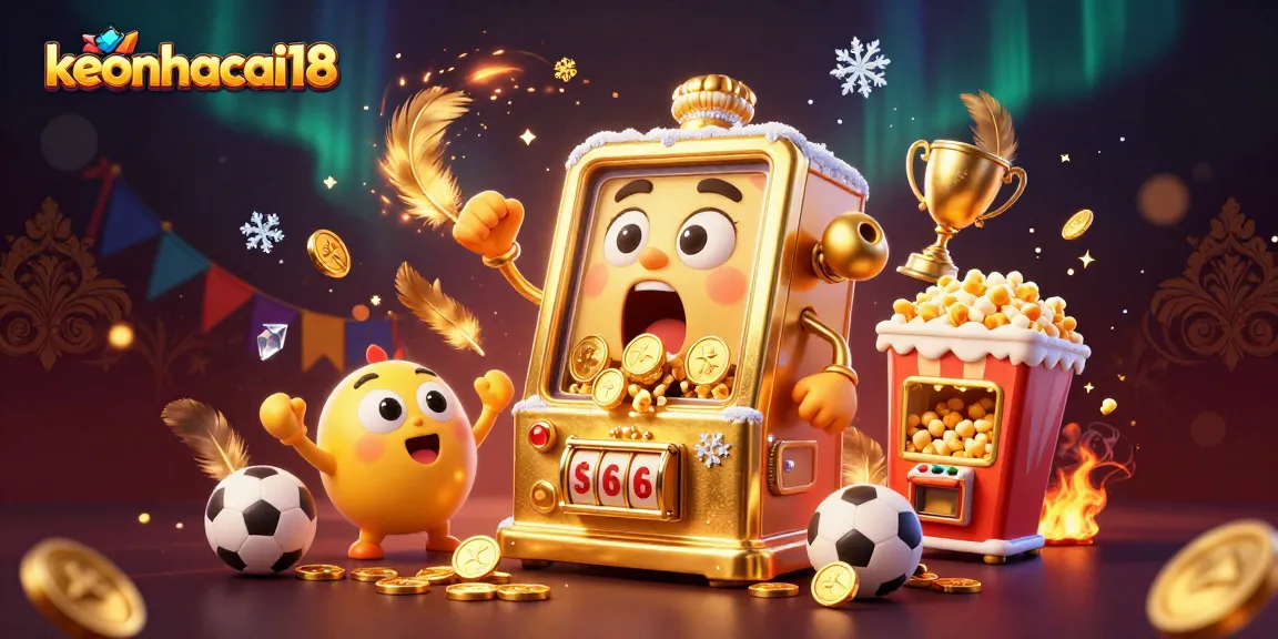 Experience exciting wins with keonhacai18 as charming slot machines celebrate jackpots and golden coins fly.