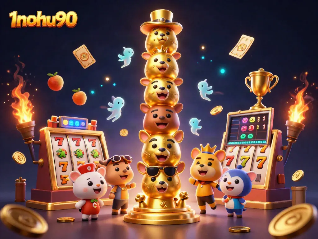 Experience the excitement of 1nohu90 with dynamic slot games and golden trophies in a vibrant casino scene.