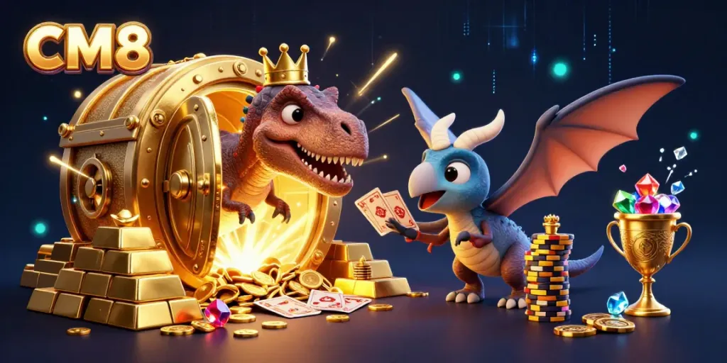 CM8 characters play cards and stack chips amid a treasure-filled casino scene.
