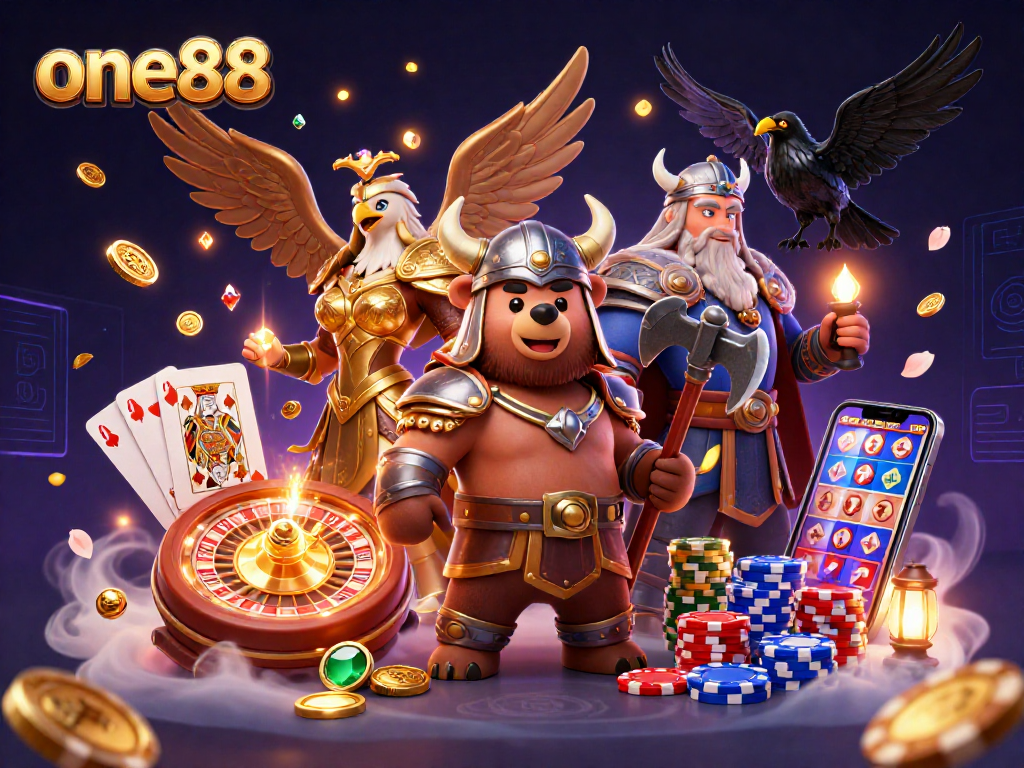 Experience the thrill of gameplay with one88's vibrant casino illustration, featuring engaging characters and dynamic game elements.