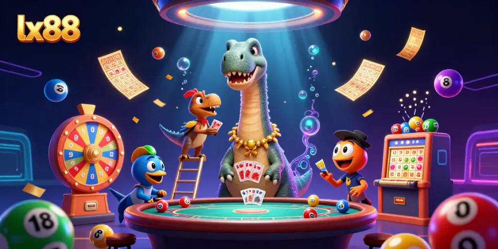 Experience lx88's vibrant casino scene with a giant dinosaur and dynamic gaming elements.