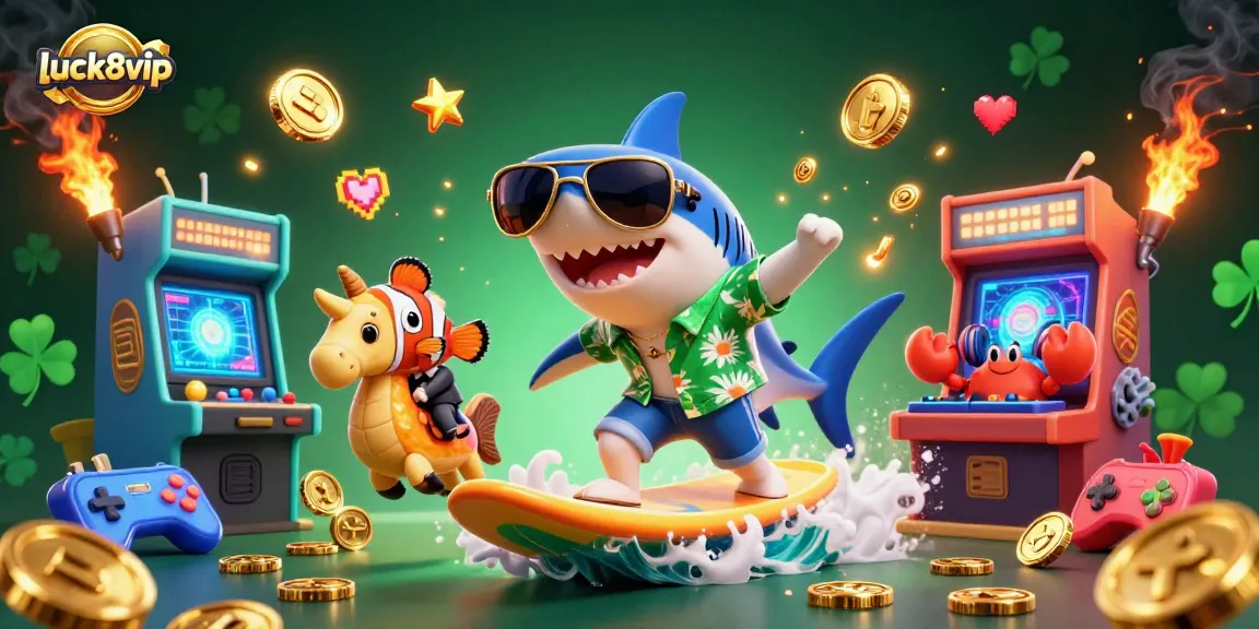 Experience thrilling fun with luck8vip as characters surf gold coins in an underwater casino scene.