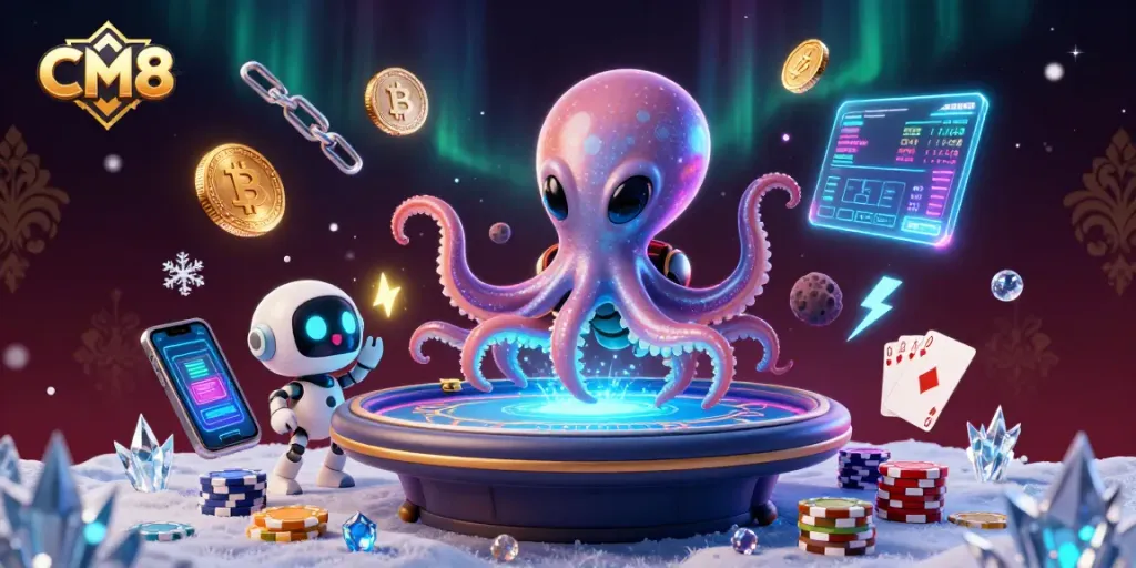 Engage with CM8's dynamic poker scene featuring an alien octopus and vibrant game elements.