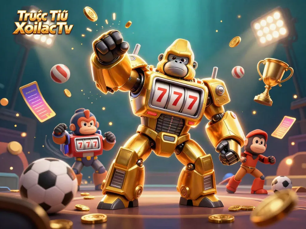 Engage in thrilling gameplay with Trực Tiếp XoilacTv featuring a golden gorilla mech in action!