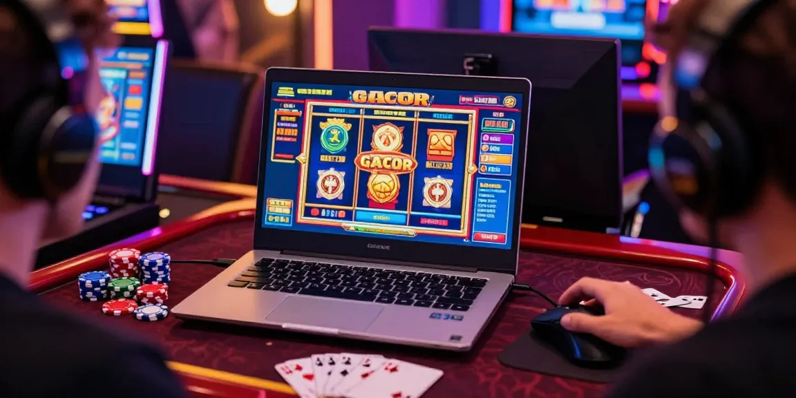 Engaged player enjoying slot gacor games on laptop amidst casino accessories, showcasing vibrant online gambling atmosphere.