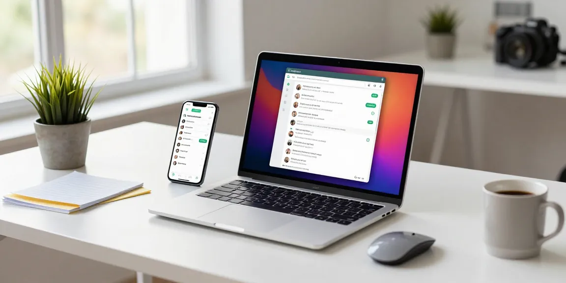 Using WhatsApp網頁版 in a modern workspace with active chat on laptop and smartphone.