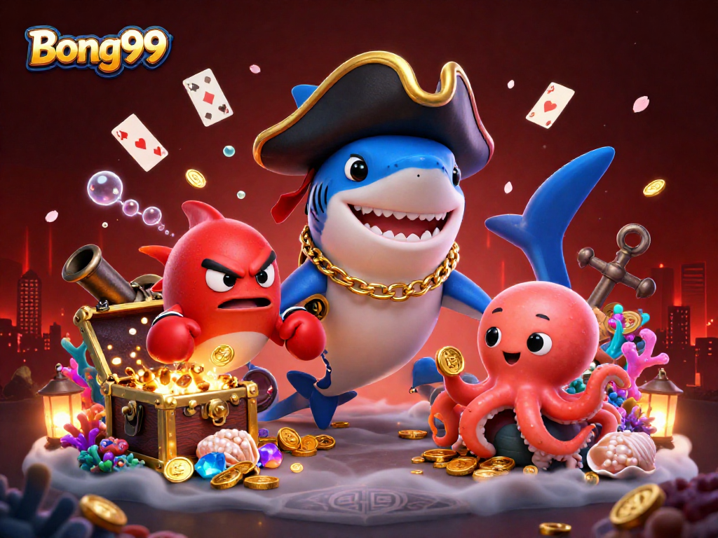 Bong99 showcases a dynamic underwater casino scene with a playful shark and treasure-filled adventure.