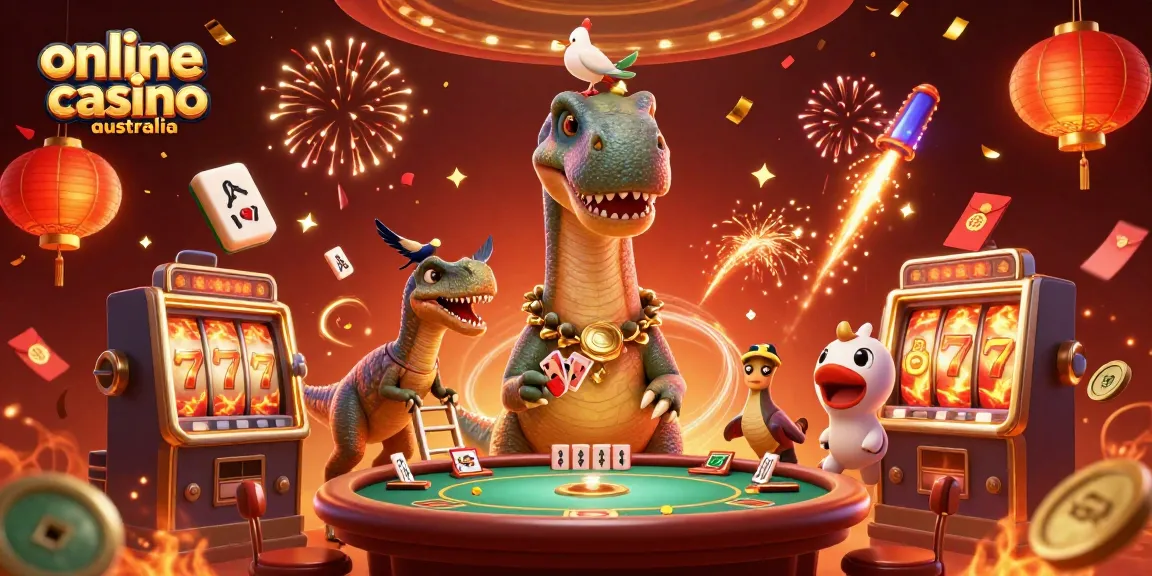 Animated scene depicting fun at an online casino Australia with vibrant characters and games.