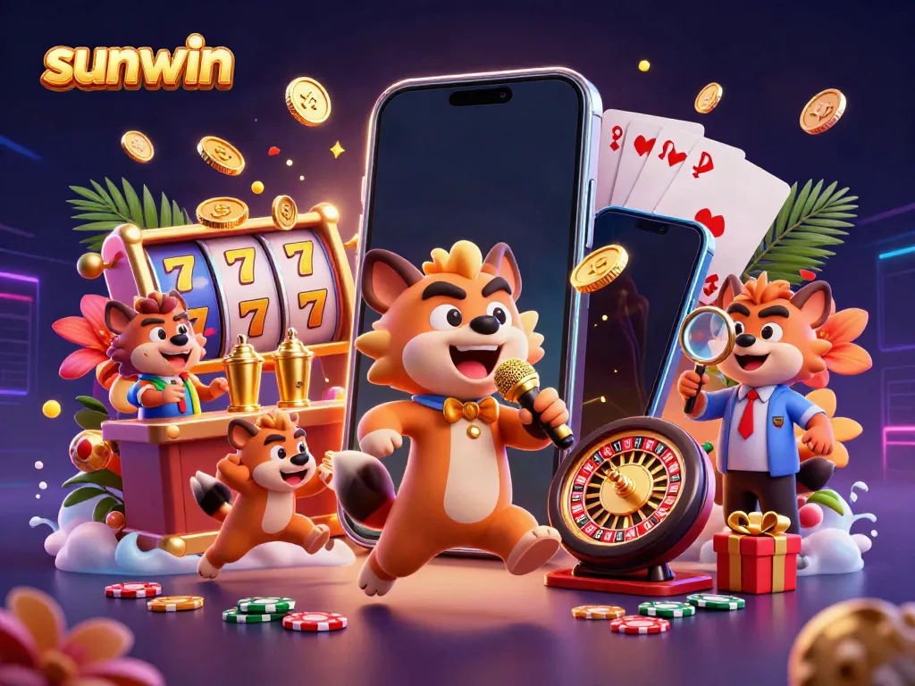 Engage in thrilling gameplay at Sunwin's vibrant casino, featuring lively hyenas in a comedic setting.