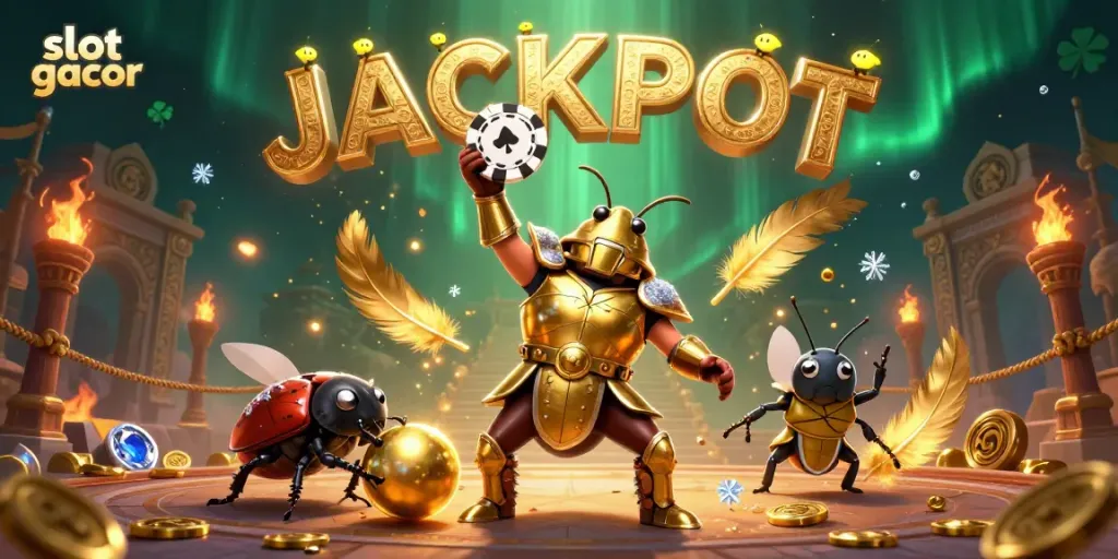 Menangkan permainan slot gacor dengan ilustrasi karakter menarik di arena kasino berwarna cerah.