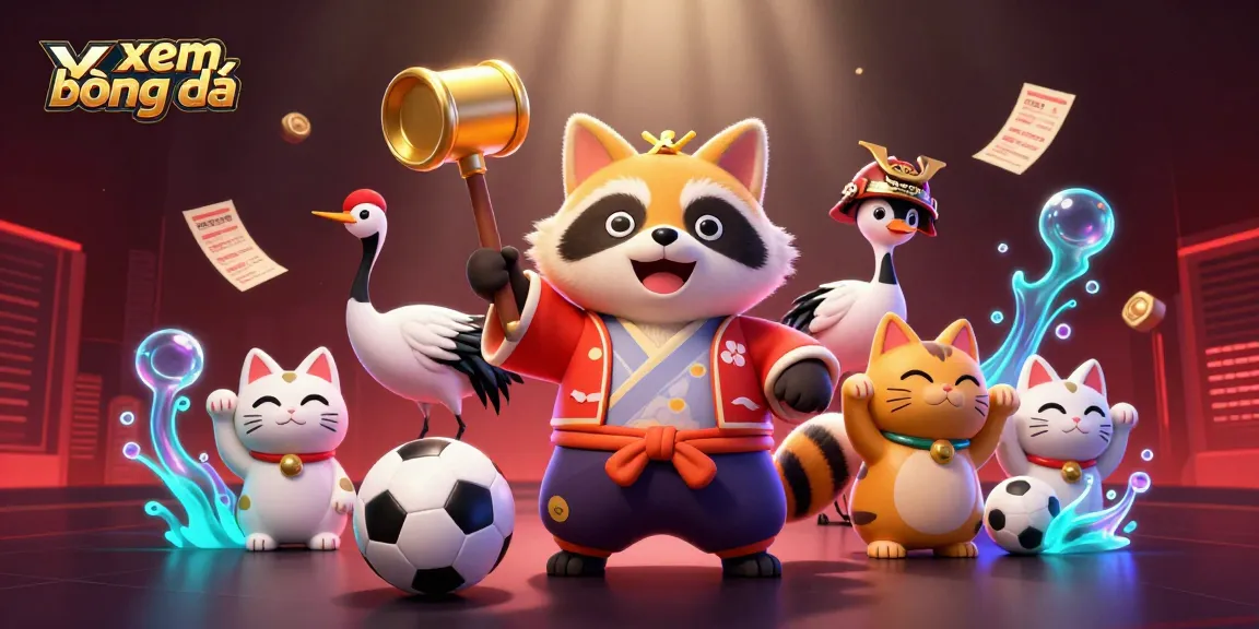 Xem bóng đá with a cheerful tanuki, sports elements, and lively atmosphere for online gaming excitement.