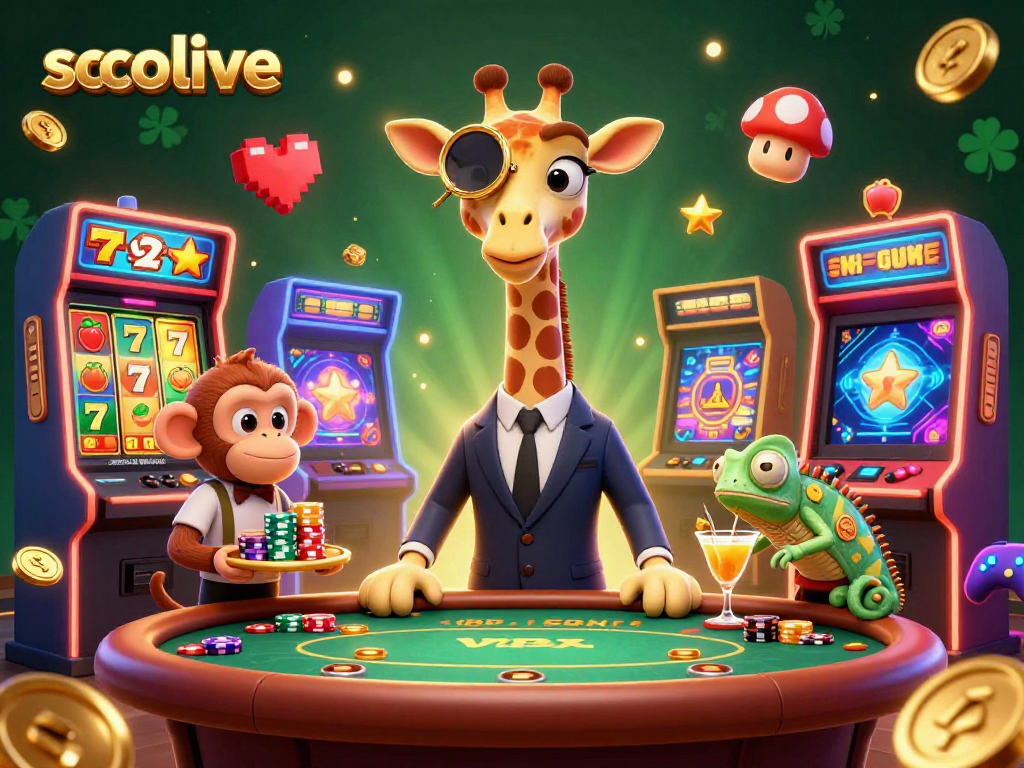 Socolive enhances gaming with a vibrant scene featuring a high-roller giraffe and lively casino elements.